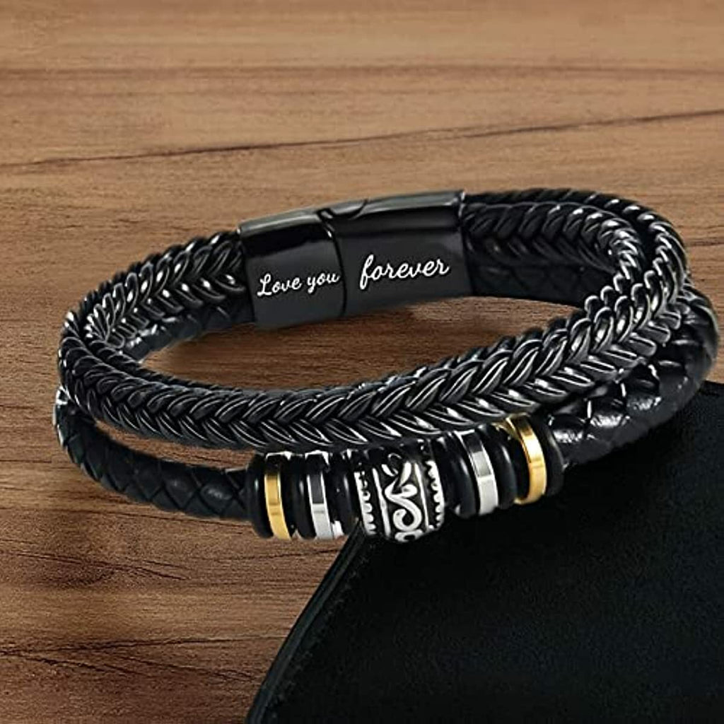 To My Son - Back to School Bracelet, Braided Leather Bracelet, I love you Back to School Gift for Son, Leather Bracelet with Double Row Magnetic Closure for Son Back to School Season, Birthday Gift