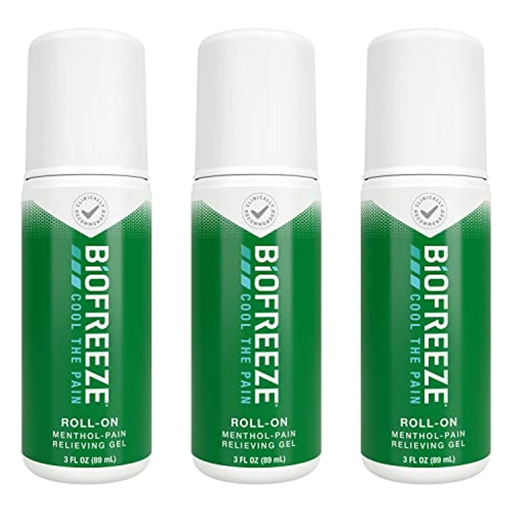 Biofreeze Roll-On Pain-Relieving Gel 3 FL OZ, Green (Pack Of 3) Tropical Pain Reliever For Muscles And Joints From Arthritis, Backache, Strains, Bruises, & Sprains (Package May Vary)