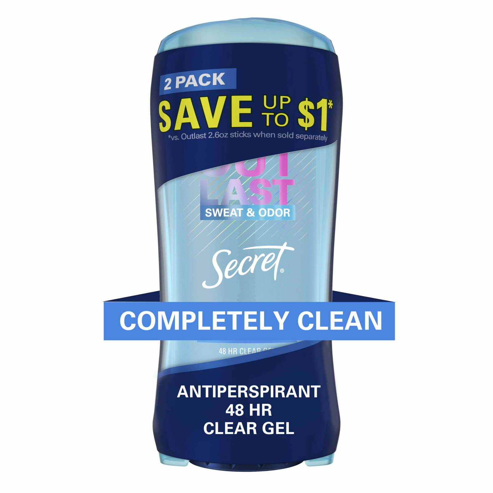 Secret Outlast Clear Gel Antiperspirant Deodorant for Women, Completely Clean, 2.6 oz each, Pack of 2