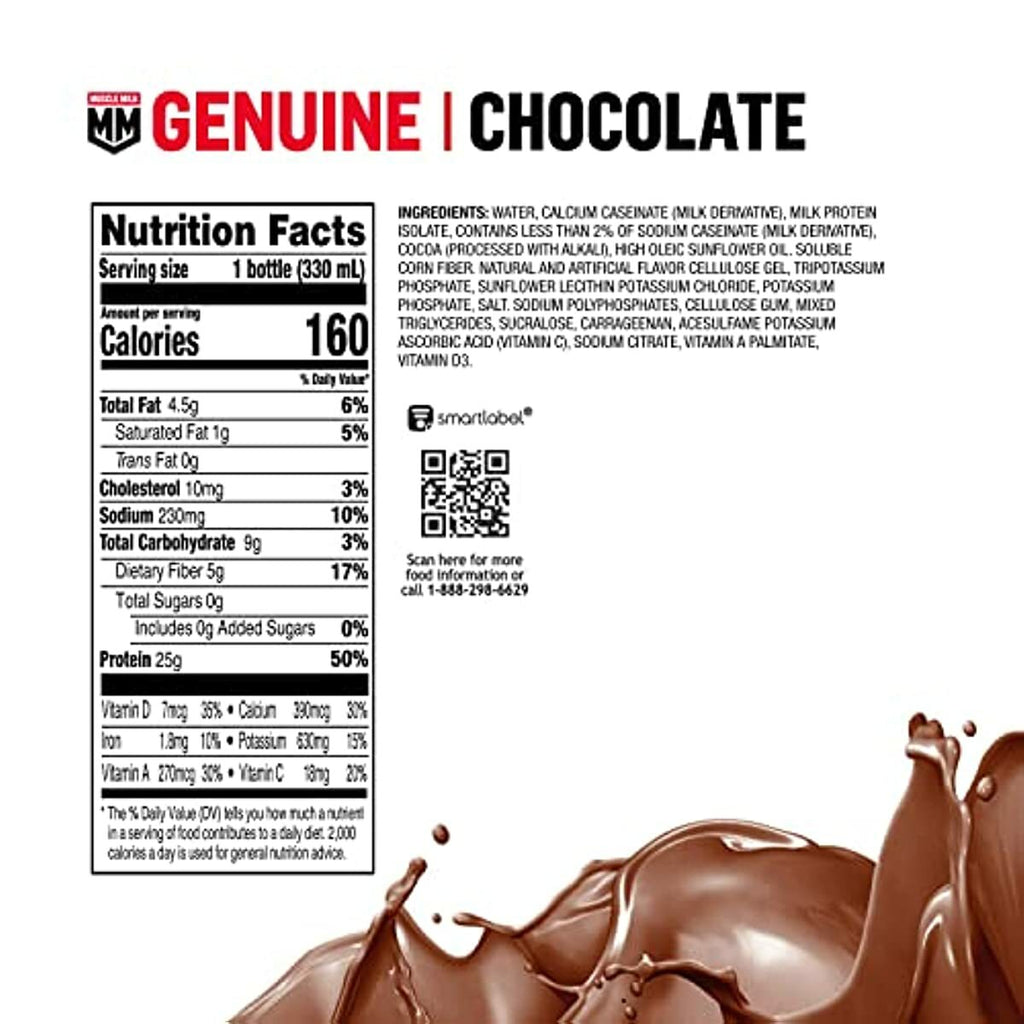 Muscle Milk Genuine Protein Shake, Chocolate, 20g Protein, 11.16 Fl Oz (Pack of 12), Packaging May Vary