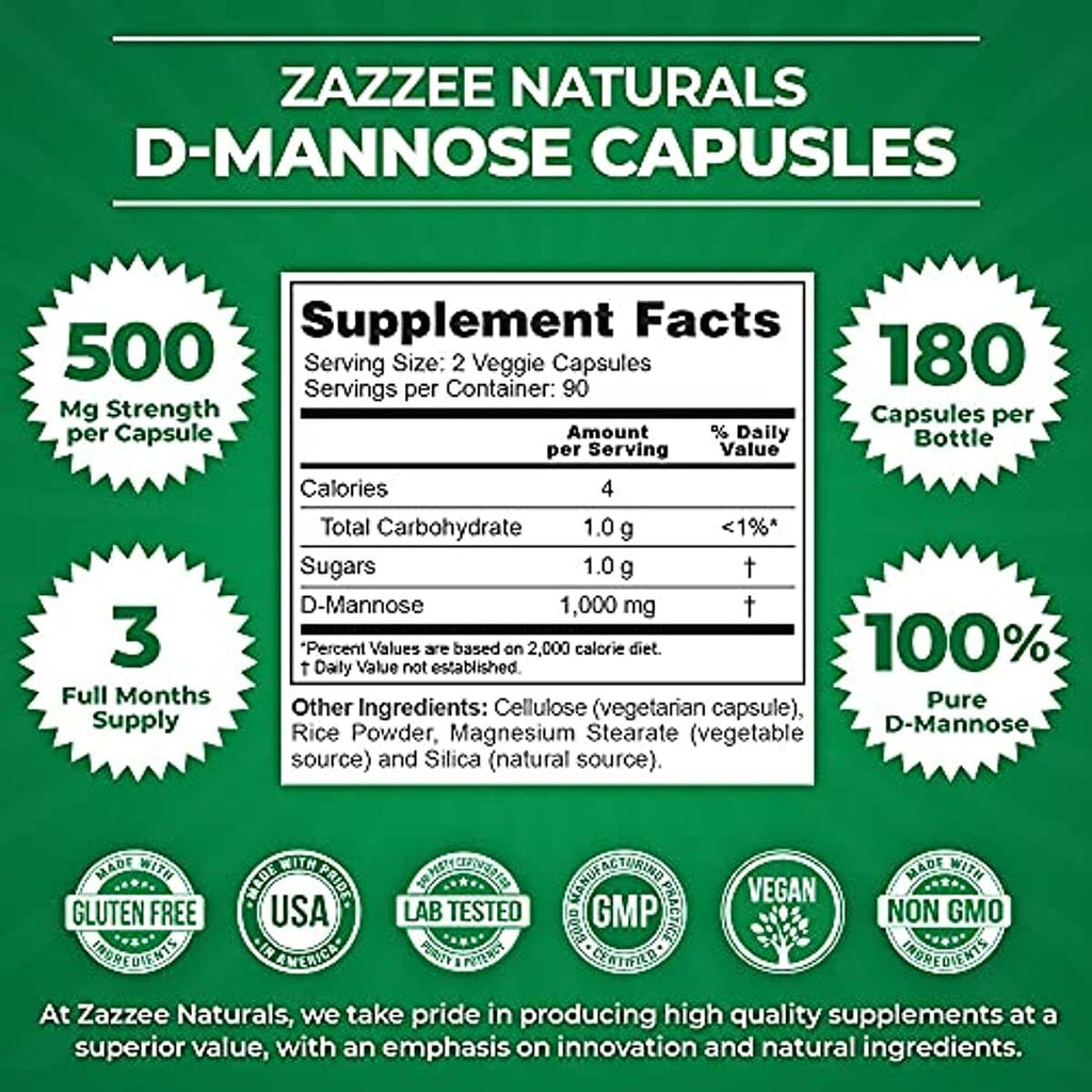 Zazzee D-Mannose 180 Vegan Capsules, 1000 mg per Serving, Pure, Potent and Fast-Acting, Extra Strength Dosage, Vegan, Non-GMO and All-Natural