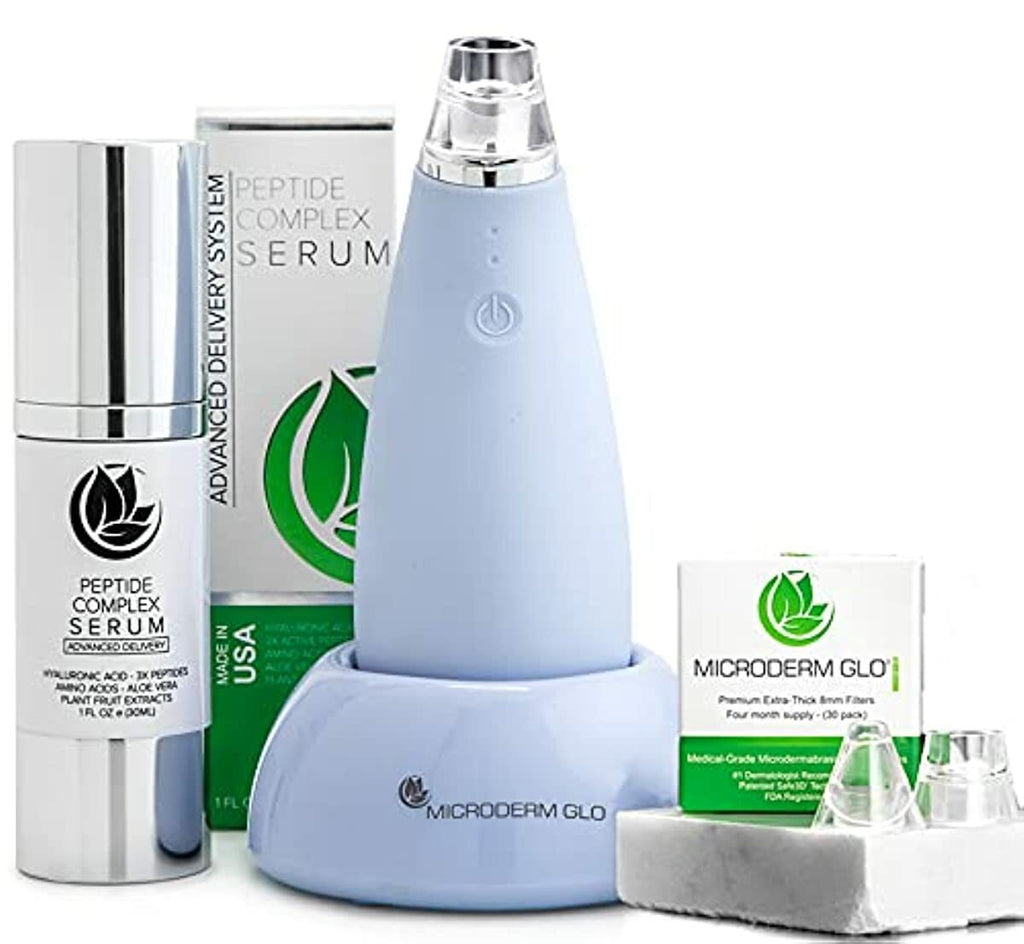 Microderm GLO MINI Premium Skincare Bundle - Includes Blackhead Remover Vacuum Tool, 8mm Filters 30 pack, Peptide Complex Serum. Best Anti Aging Treatment Black Head Remover and Pore Extractor Kit