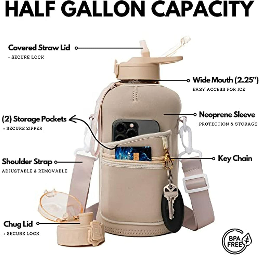 Half Gallon Water Bottle with Storage Sleeve includes Straw Lid and Chug Lid - BPA Free Reusable Large Water Jug with Handle - H2O Big Sports Container 2.2 Liters (74 Ounce)