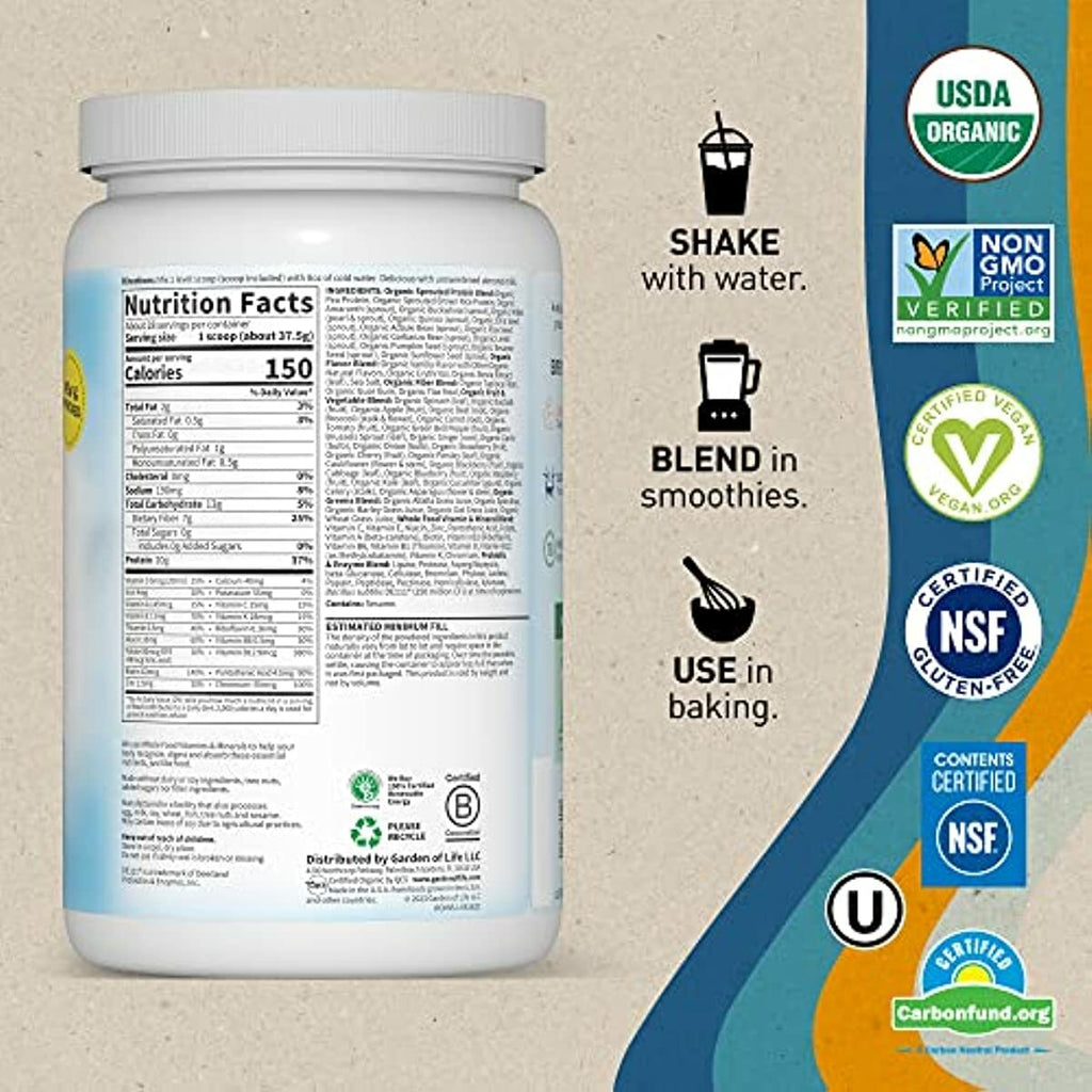 Tasty Organic Vanilla Meal Replacement Shake Vegan - Garden of Life - 20g Complete Plant Based Protein, Greens, Digestive Enzymes, Pro & Prebiotics for Easy Digestion – Non-GMO, Gluten-Free, 2.3 LB
