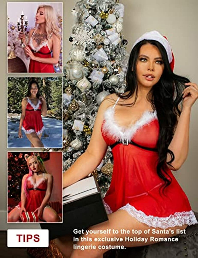 RSLOVE Women's Sexy Santa Christmas Lingerie Set Babydoll Lace Chemises Sleepwear
