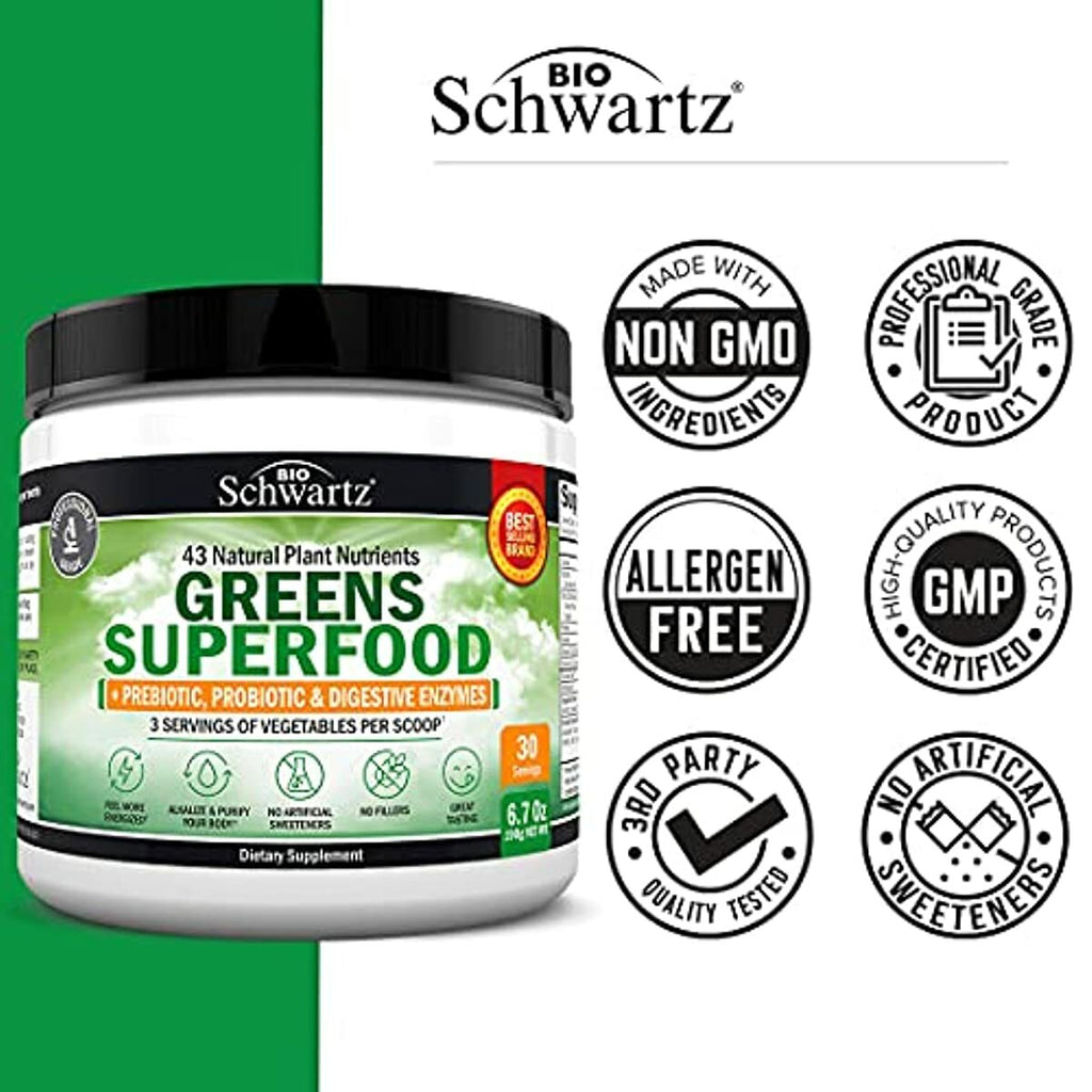 Super Greens Superfood Powder - Greens Powder with Probiotics Prebiotics Digestive Enzymes and 43 Green Superfoods - Chlorophyll Bilberry Chlorella Spirulina Grass - Tastes Amazing - 30 Servings