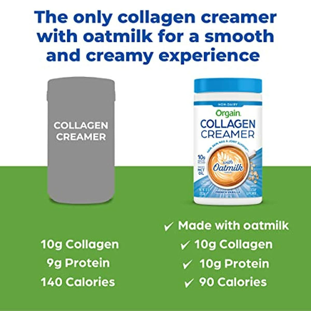 Orgain Collagen Creamer with Organic Oatmilk Powder, French Vanilla - 10g of Hydrolyzed Grass-Fed Collagen, 1g of Sugar, Made with MCT, Avocado, and Coconut Oil, No Dairy or Soy, Non-GMO, 10 oz
