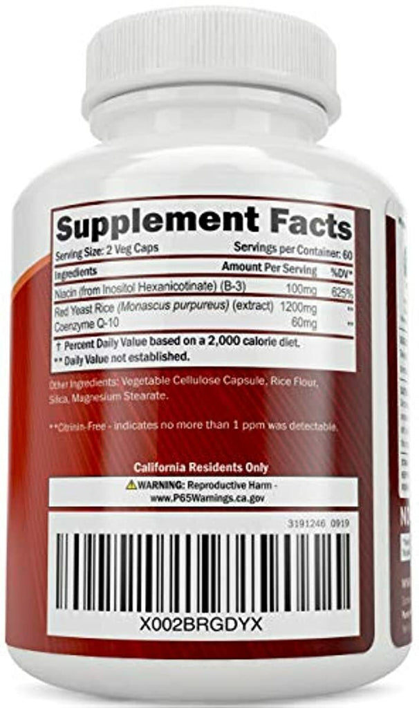 Red Yeast Rice 1200mg with CoQ10 & Flush Free Niacin 120 Vegetarian Capsules - Non Irradiated, Citrinin Free, Supports Healthy Cholesterol Levels & Cardiovascular System