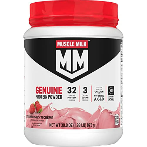 Muscle Milk Genuine Protein Powder, Strawberries ‘N Creme, 1.93 Pounds, 12 Servings, 32g Protein, 3g Sugar, Calcium, Vitamins A, C & D, NSF Certified for Sport, Energizing Snack, Packaging May Vary