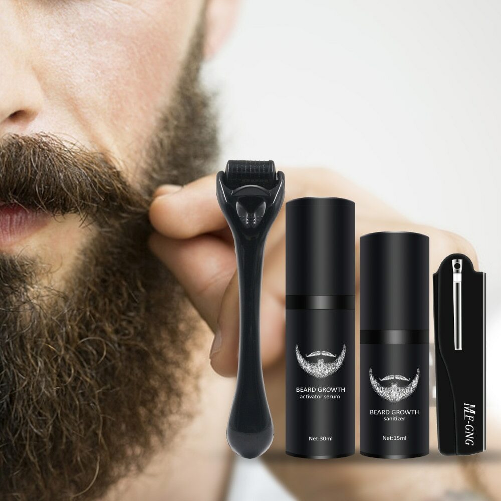 4 Pcs/set Barber Beard Growth Kit Professional Hair Growth Enhancer Set Nourishing with Beard Growth Roller Massage Comb for Men