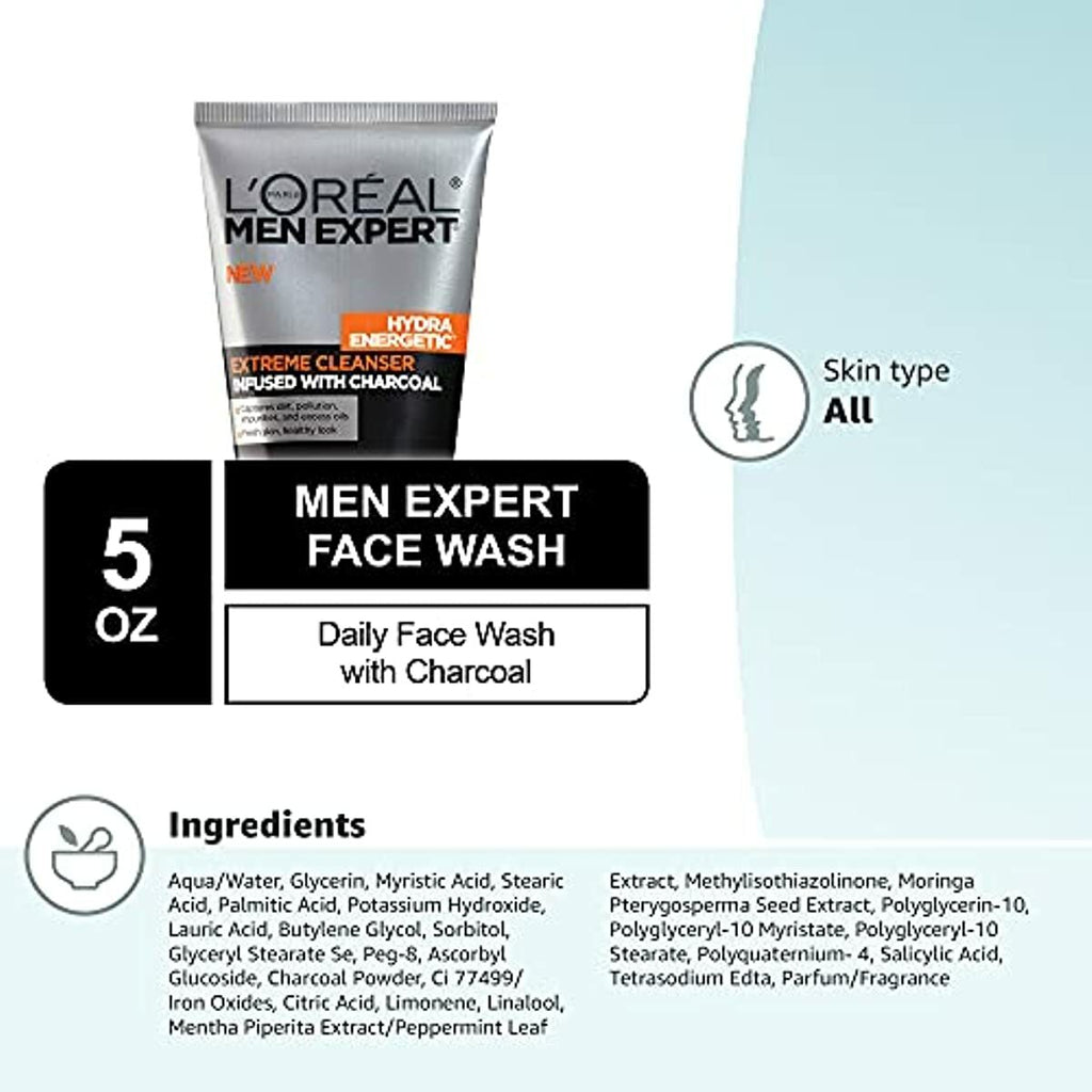 L'Oreal Men Expert Hydra Energetic Facial Cleanser with Charcoal for Daily Face Washing, Mens Face Wash, Beard and Skincare for Men, 5 fl. Oz