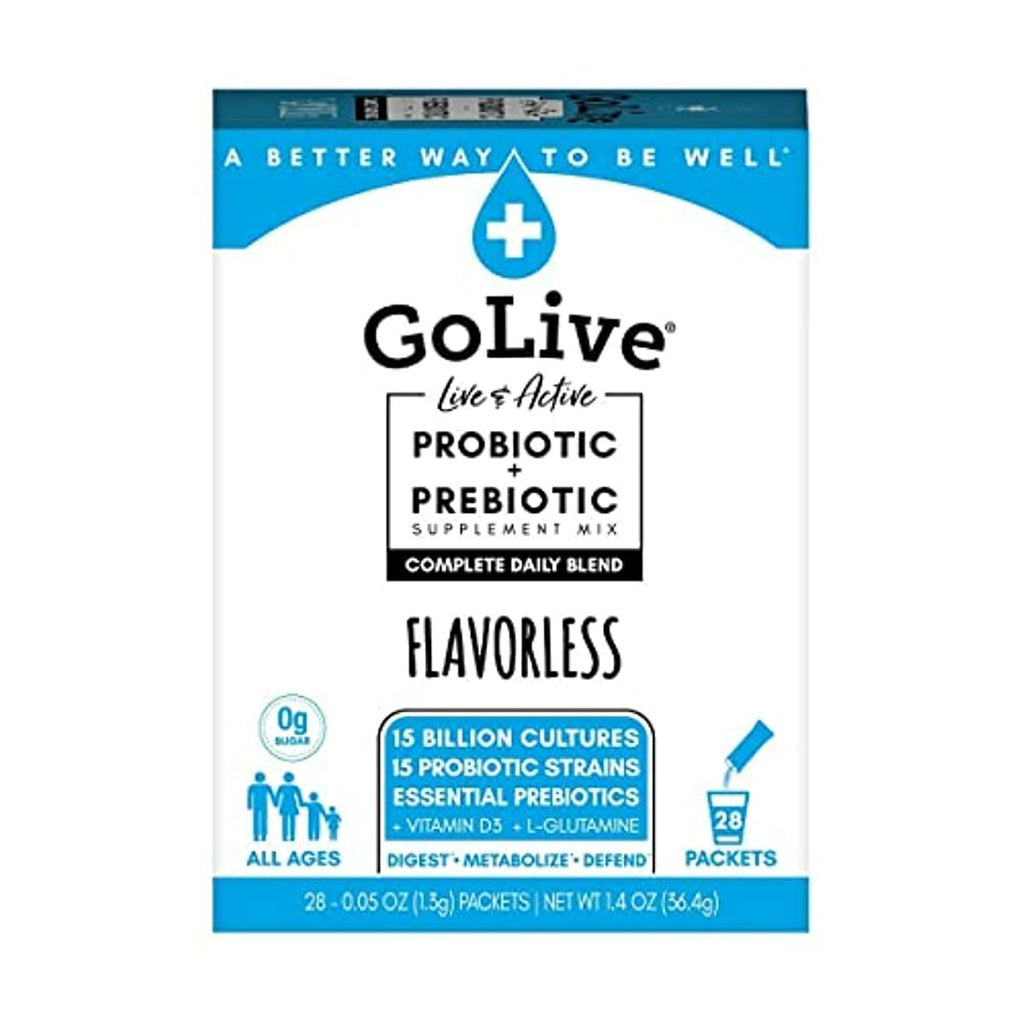 GoLive Probiotics & Prebiotics FLAVORLESS/SUGARLESS Synbiotic Powder, Probiotics + Prebiotics for Women, Men & Kids Billion CFUs, 15 Clinical Strains for Immune & Digestive Health. 28's pack