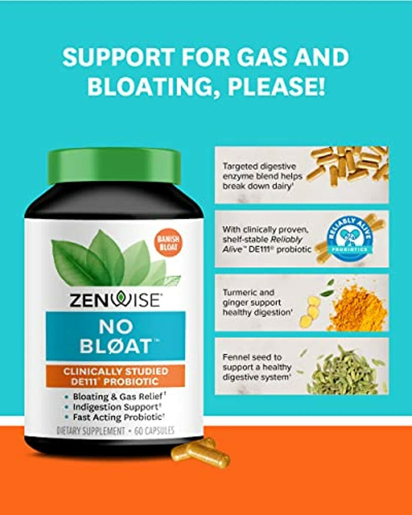 Zenwise No Bloat - Probiotics, Digestive Enzymes for Bloating and Gas Relief - Ginger, Dandelion, and Cinnamon to Improve Digestion - Vegan Water Retention Pills + Diuretic for Women & Men - 60 Count