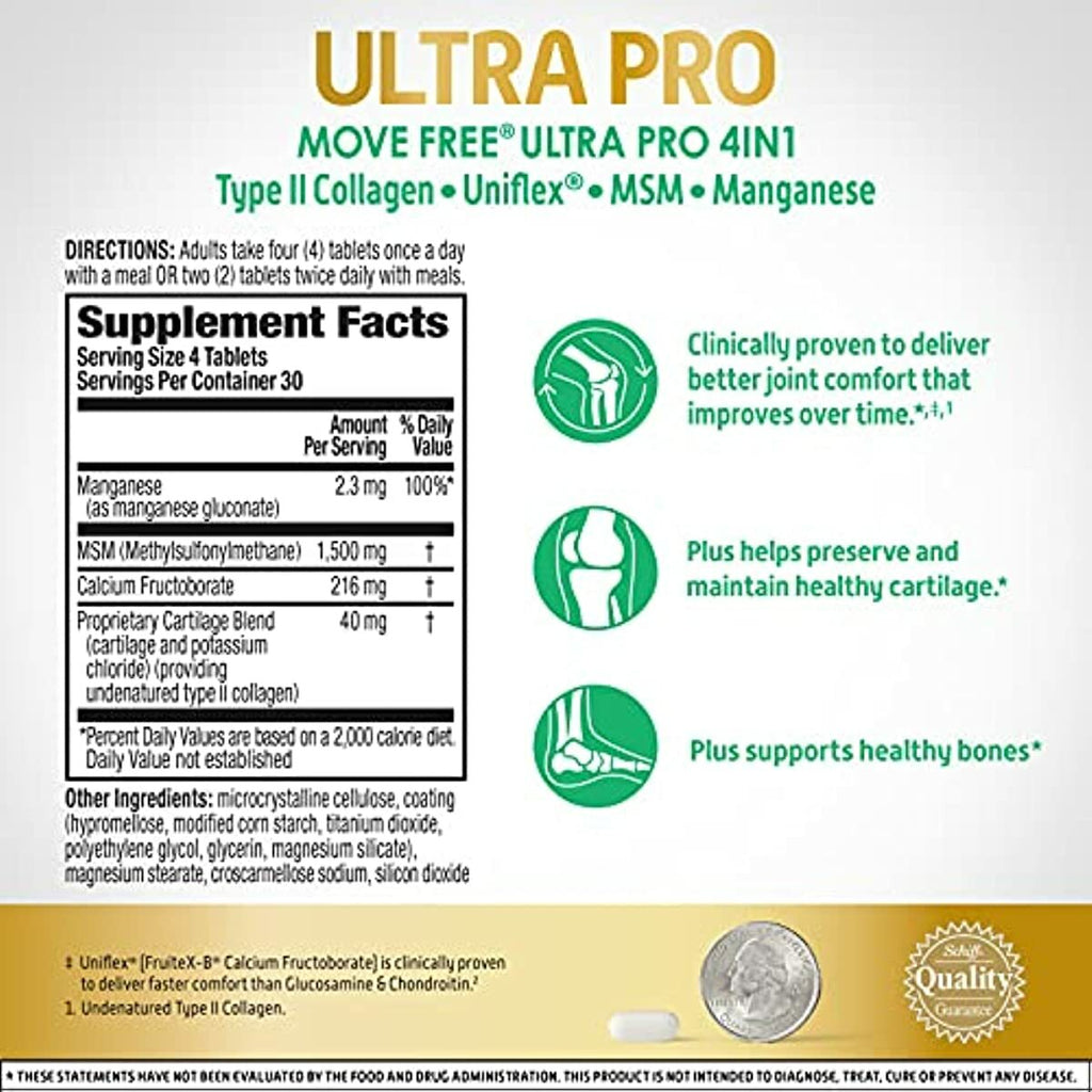 Move Free Ultra Pro with Quadruple Action Joint Support - Type 2 Collagen MSM Calcium Fructoborate & Manganese - Supports Joint Cartiliage Bone Connective Tissue, 120 Tablets (30 servings)