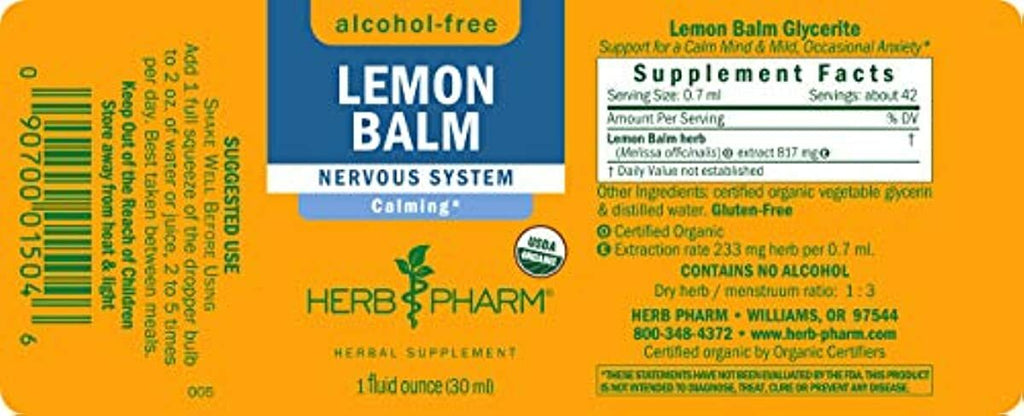 Herb Pharm Certified Organic Lemon Balm Liquid Extract for Calming Nervous System Support, Alcohol-Free Glycerite, 1 Oz
