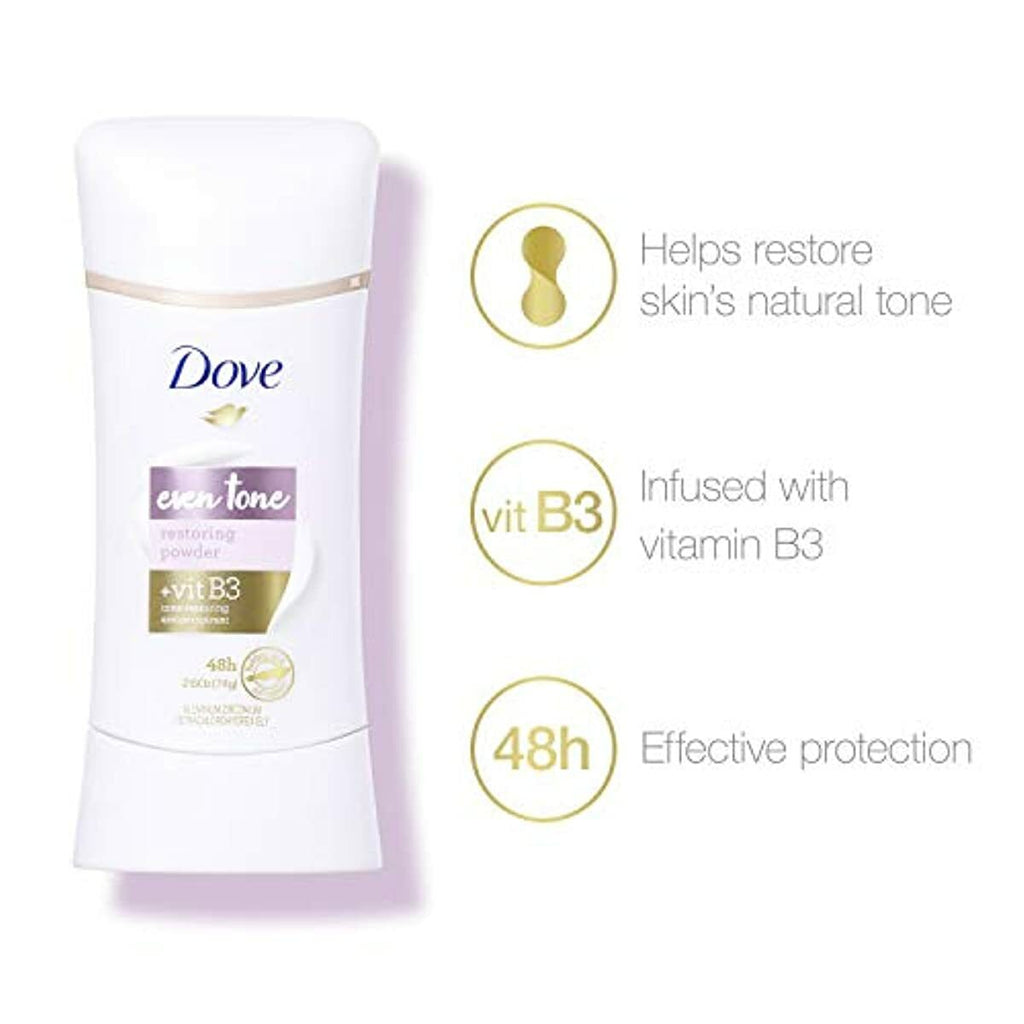 Dove Even Tone Antiperspirant Deodorant for Uneven Skin Tone Restoring Powder Sweat Block for All-Day Fresh Feeling 2.6 oz 3 Count