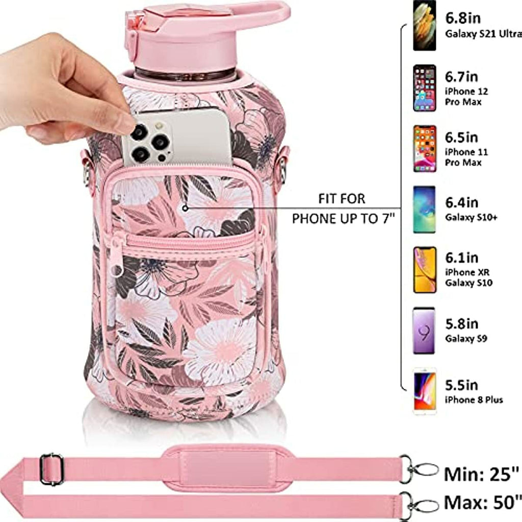 Half Gallon Water Bottle with Sleeve BPA Free 64 OZ Water Bottle with Straw & Time Marker to Drink Leakproof Motivational Women Men Water Jug with Reusable Insulated Neoprene Holder Pouch Carrier Bag