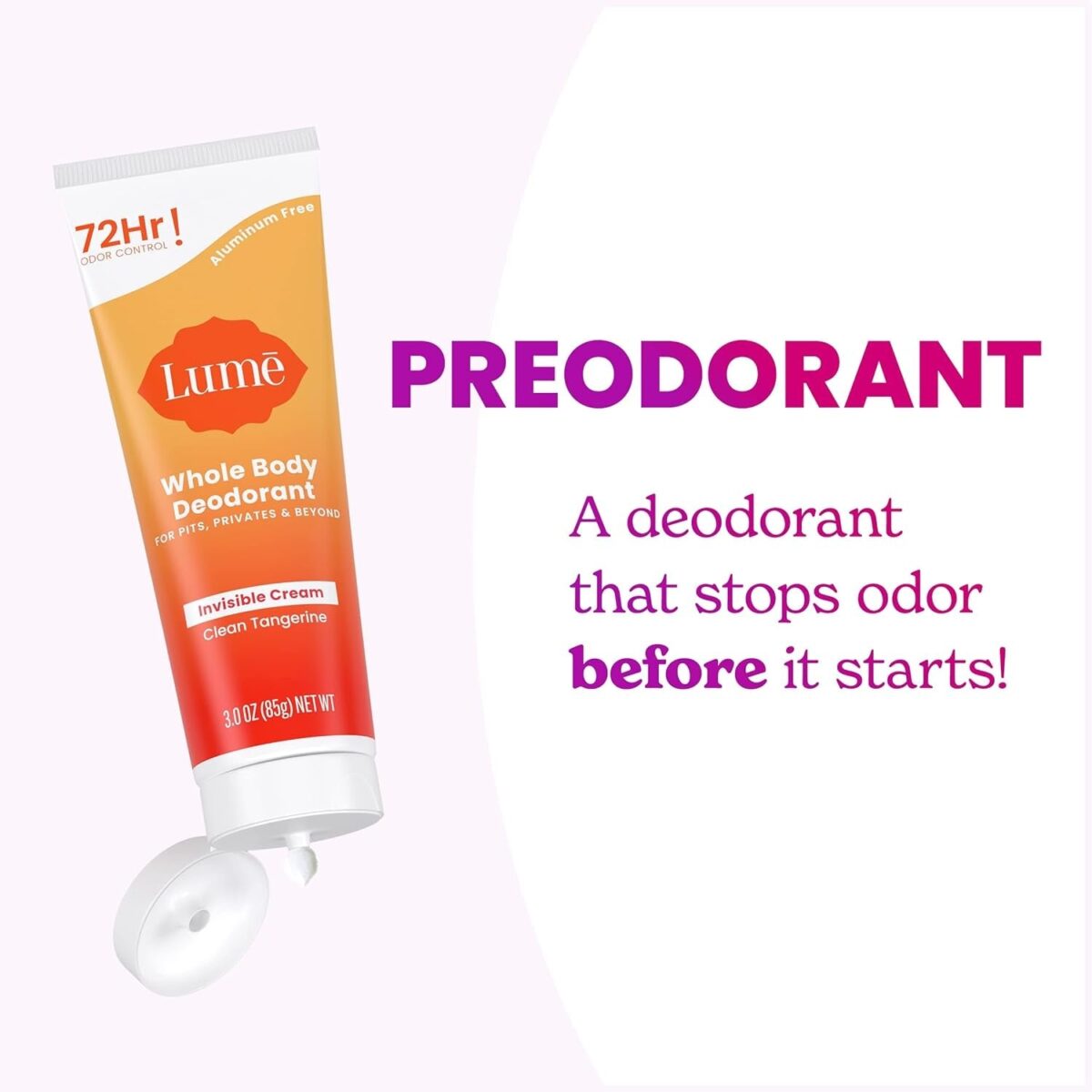 Lume Whole Body Deodorant - Invisible Cream Tube - 72 Hour Odor Control - Aluminum Free, Baking Soda Free, Skin Safe - 3.0 Ounce (Clean Tangerine)