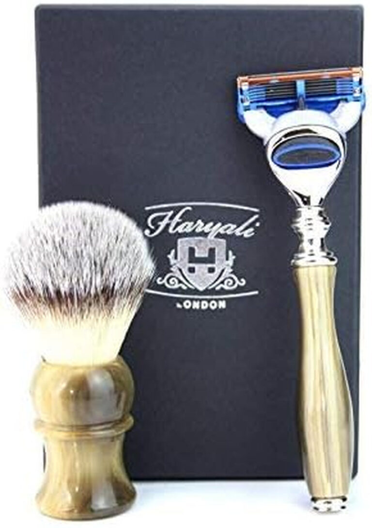 "Timeless Elegance: Deluxe Shaving Gift Set for Men - Exquisite Synthetic Hair Brush, Horn Handle, and 3 Razor Options - The Ultimate Gift for Him (Choose the 5 Edge Razor!)"