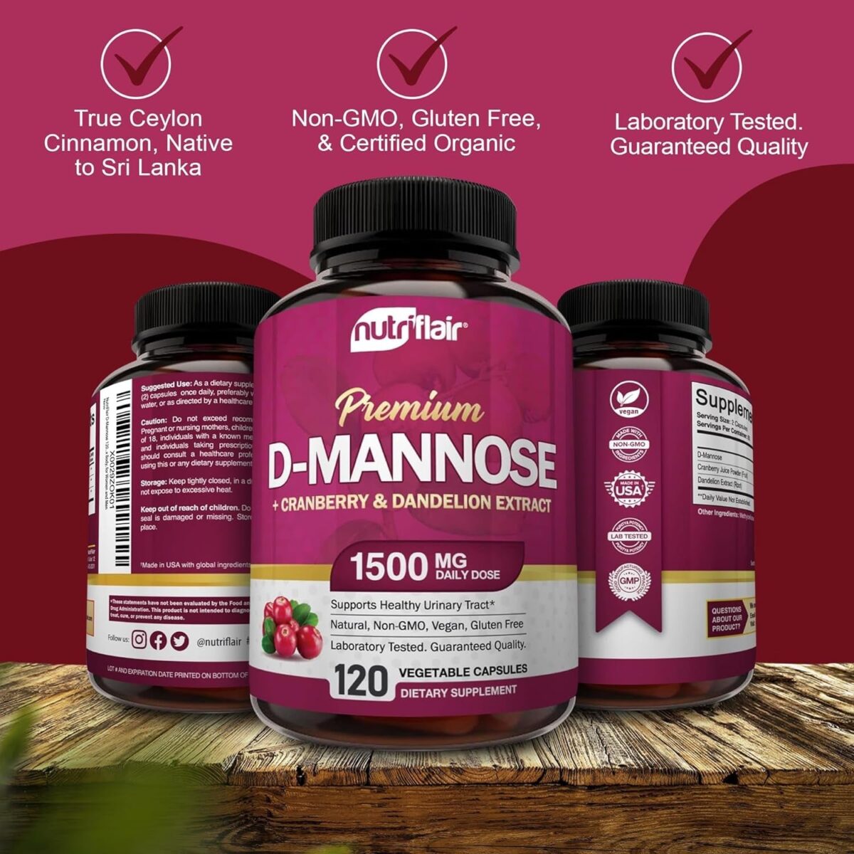 "Ultimate Urinary Tract Health Support: Nutriflair D-Mannose 1200mg Capsules with Cranberry and Dandelion Extract - Potent UTI Defense, Detoxify Your Body, and Boost Immunity - Ideal for Both Women and Men"