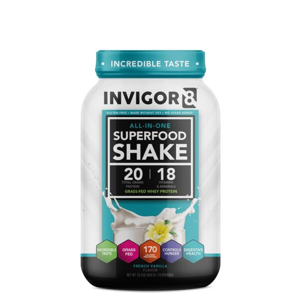 "Boost Your Health with INVIGOR8 Superfood Protein Shake - Gluten-Free Meal Replacement Shake with Immunity Boosters, Probiotics, and Omega 3 (645 Grams) - Indulge in the Delicious French Vanilla Flavor!"