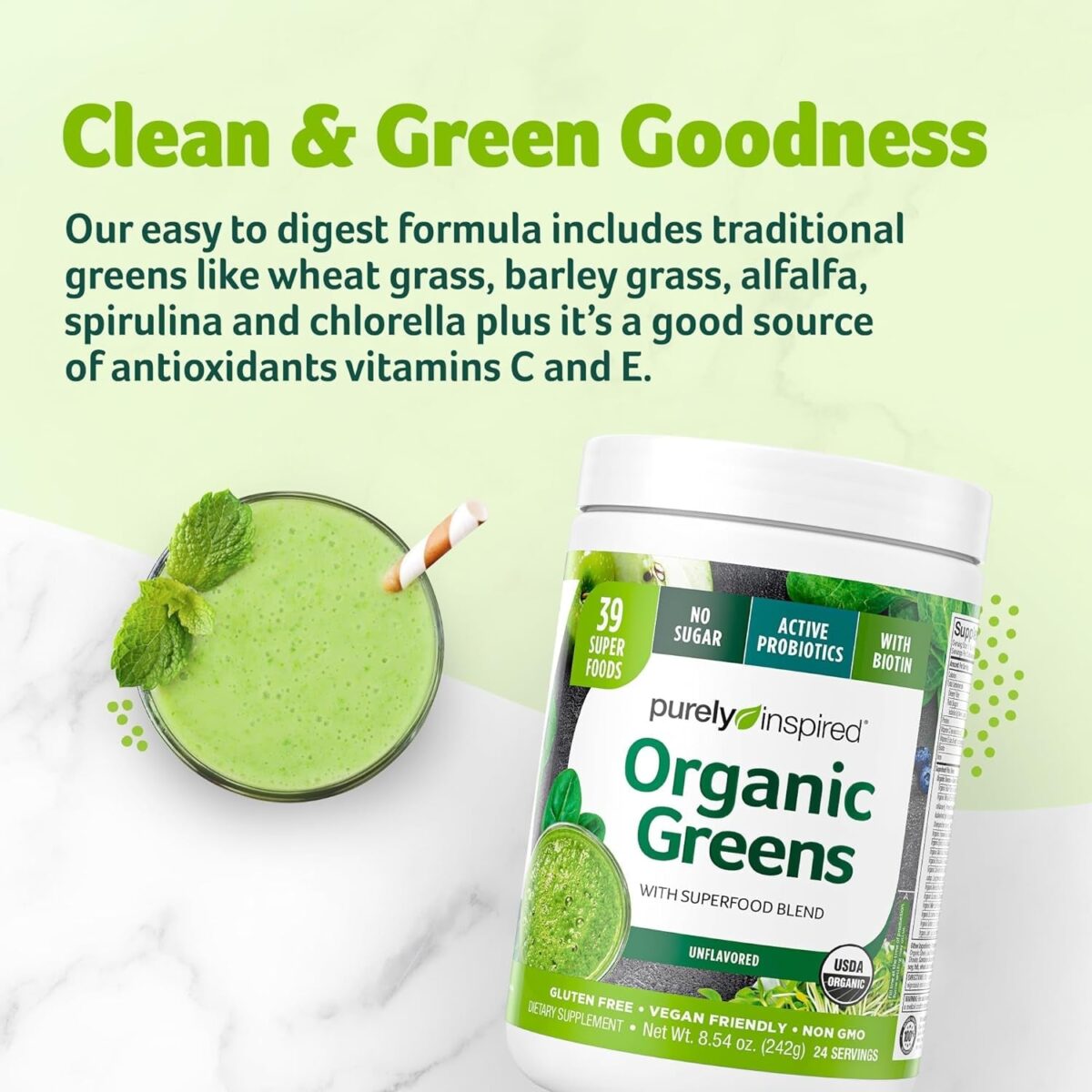 "Purely Inspired Organic Greens Powder Superfood - Boost Your Health with this Unflavored Smoothie Mix - 24 Servings, 8.54 Ounce"