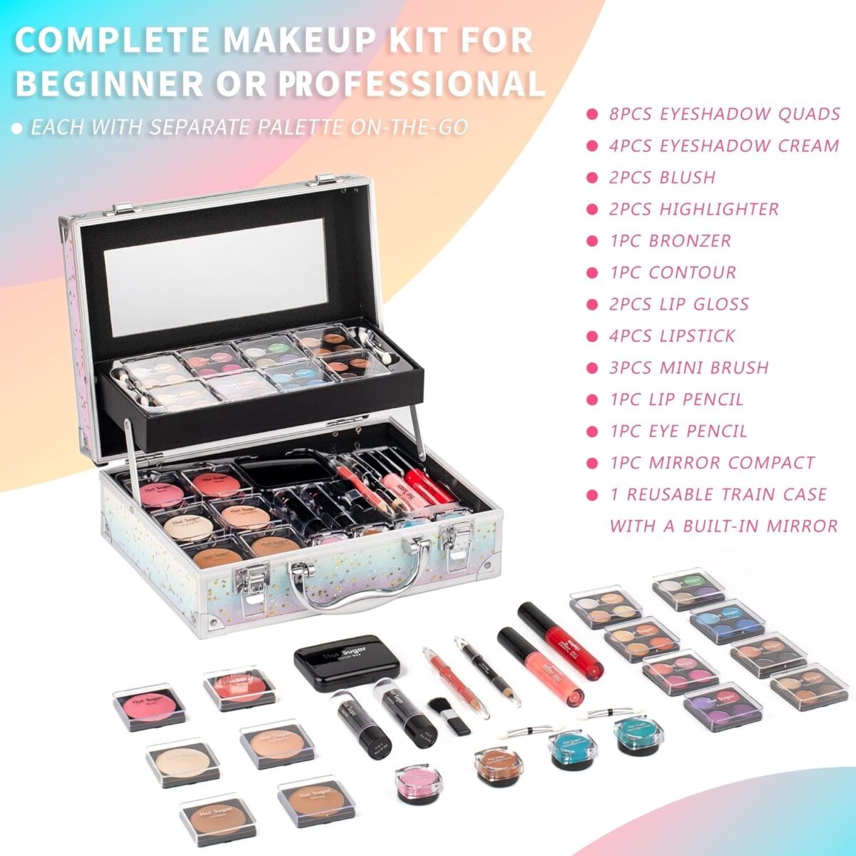 "Hot Sugar Makeup Kit: The Ultimate Cosmetic Gift Set for Women and Teen Girls - Complete with a Stunning Rainbow Train Case, Vibrant Eyeshadow Palette, Blush, Lipstick, and More!"