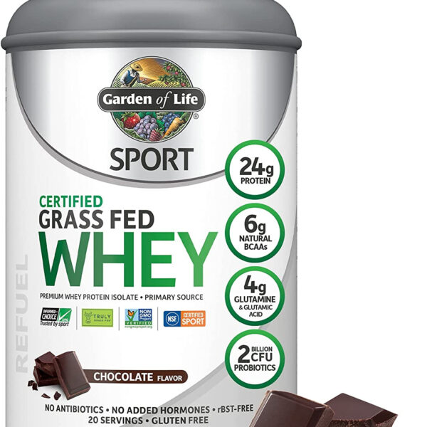 Garden of Life Sport Whey Protein Powder Chocolate, Premium Grass Fed Whey Protein Isolate plus Probiotics for Immune System Health, 24G Protein, Non GMO, Gluten Free, Cold Processed - 20 Servings