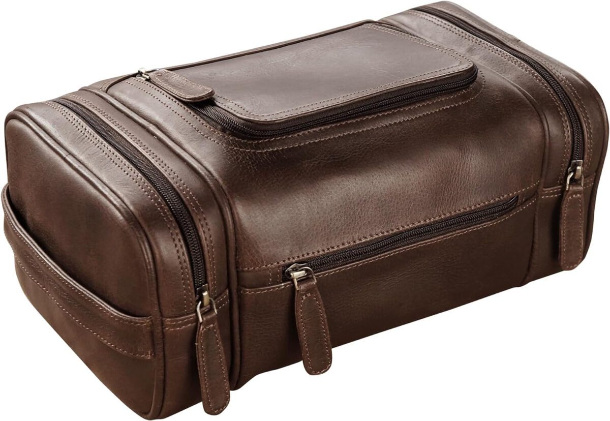 "Luxurious Leather Toiletry Bag - Stylish Dopp Kit for Men and Women - Ultimate Travel Companion for Toiletries and Shaving"