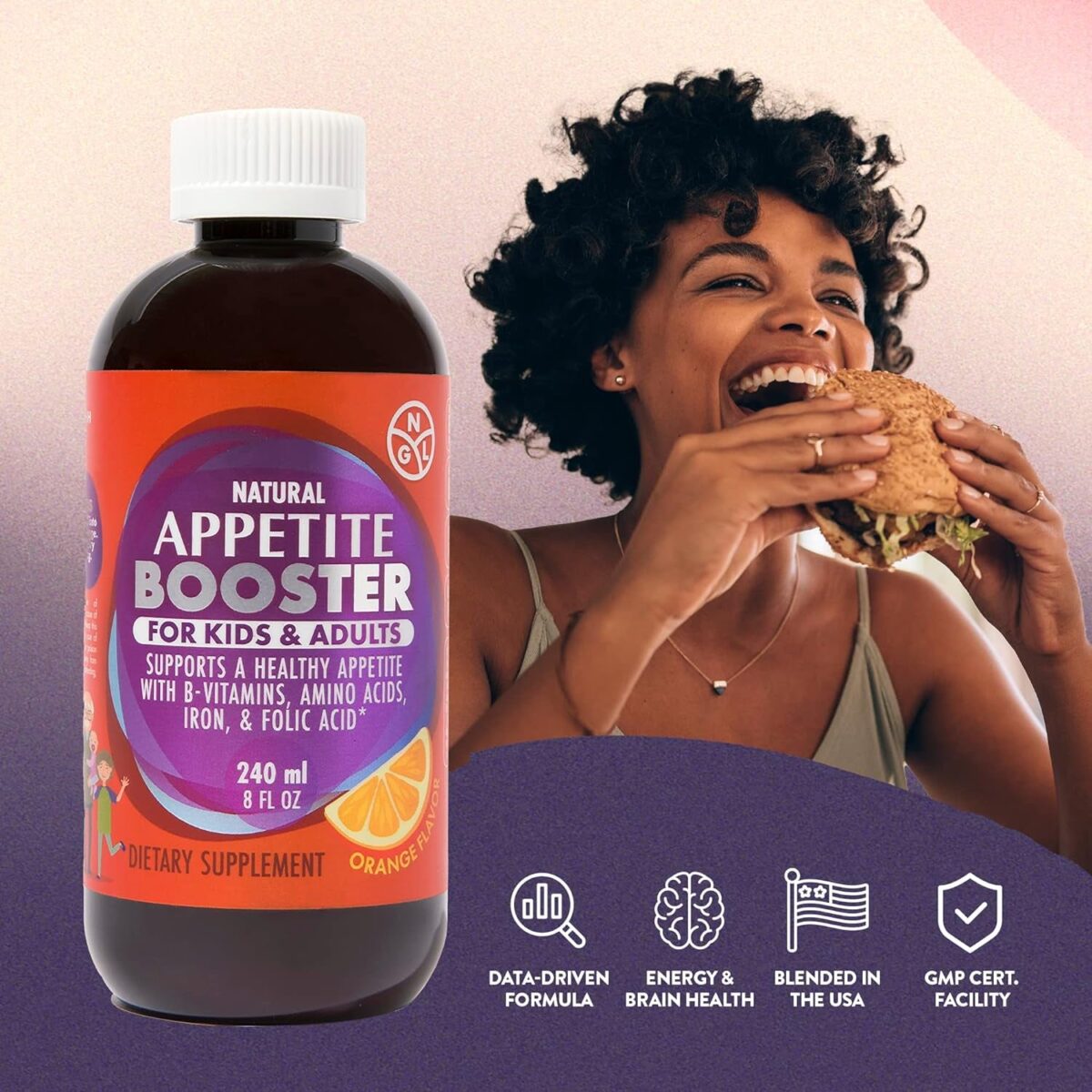 Appetite Booster Weight Gain Stimulant Supplement Eat More for Underweight Adults & Kids 4+ Fortified with Vitamins B1,B2,B3,B5,B6,B12, Folic Acid, Iron, Zinc, Amino Acids, Flax Seed Oil