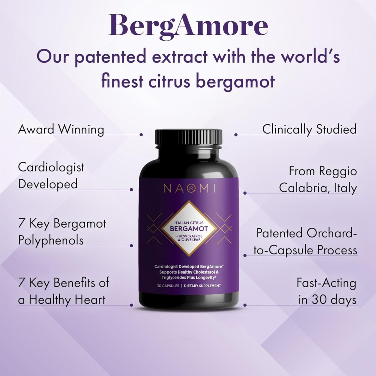 Bergamore plus Resveratrol, Award-Winning Cardiologist Developed, Supports Normal Cholesterol & Healthy Cellular Function, Bergamot W/ 7 Key Polyphenols, Resveratrol & Olive Leaf, 30-Day Supply