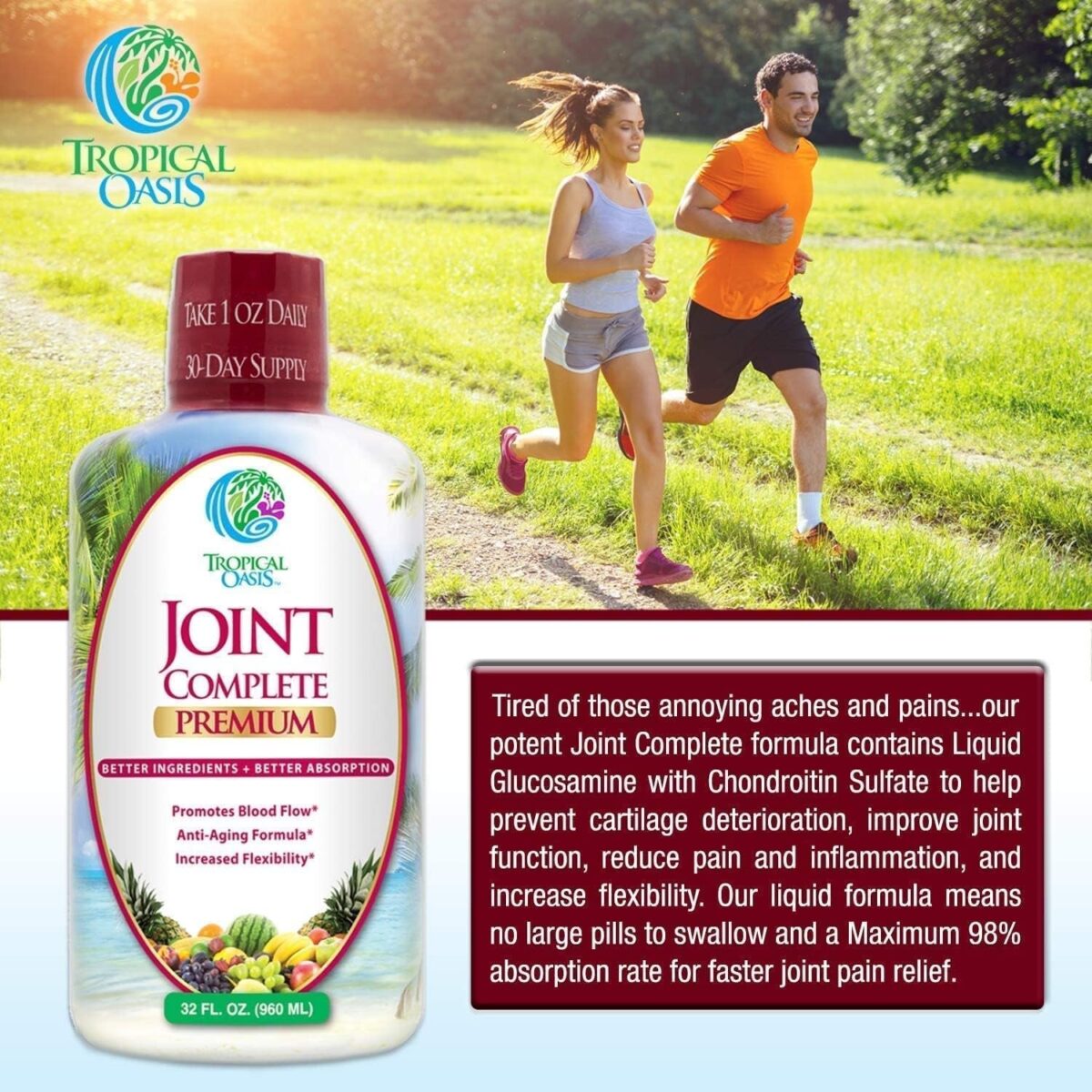 Joint Complete Premium- Liquid Joint Supplement W/Glucosamine, Chondroitin, MSM, Hyaluronic Acid – for Bone, Joint Health - 96% Max Absorption– 32Oz, 32 Serv