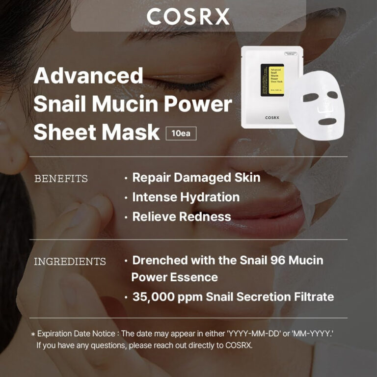 COSRX Snail Mucin Sheet Mask 10 EA, Snail Essence Leave-On Face Masks for Dry, Acne Prone, Sensitive Skin, Snail Secretion Filtrate, Not Tested on Animals, No Parabens, No Sulfates, Korean Skincare