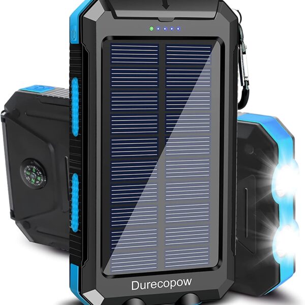 "Ultimate Outdoor Power Solution: Durecopow Solar Charger - 20000mAh Waterproof Power Bank with Dual USB Ports, LED Flashlight, and Compass - Never Run Out of Power on Your Adventures! (Blue)"