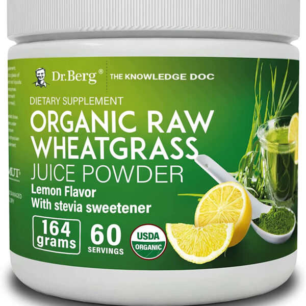 Dr. Berg'S Raw Wheatgrass Juice Powder (60 Servings) - USDA Certified Organic Wheatgrass Powder W/Chlorophyll, Trace Minerals & Natural Enzymes - Ultra-Concentrated - Lemon Flavor W/Stevia 1 Pack - Free & Fast Delivery