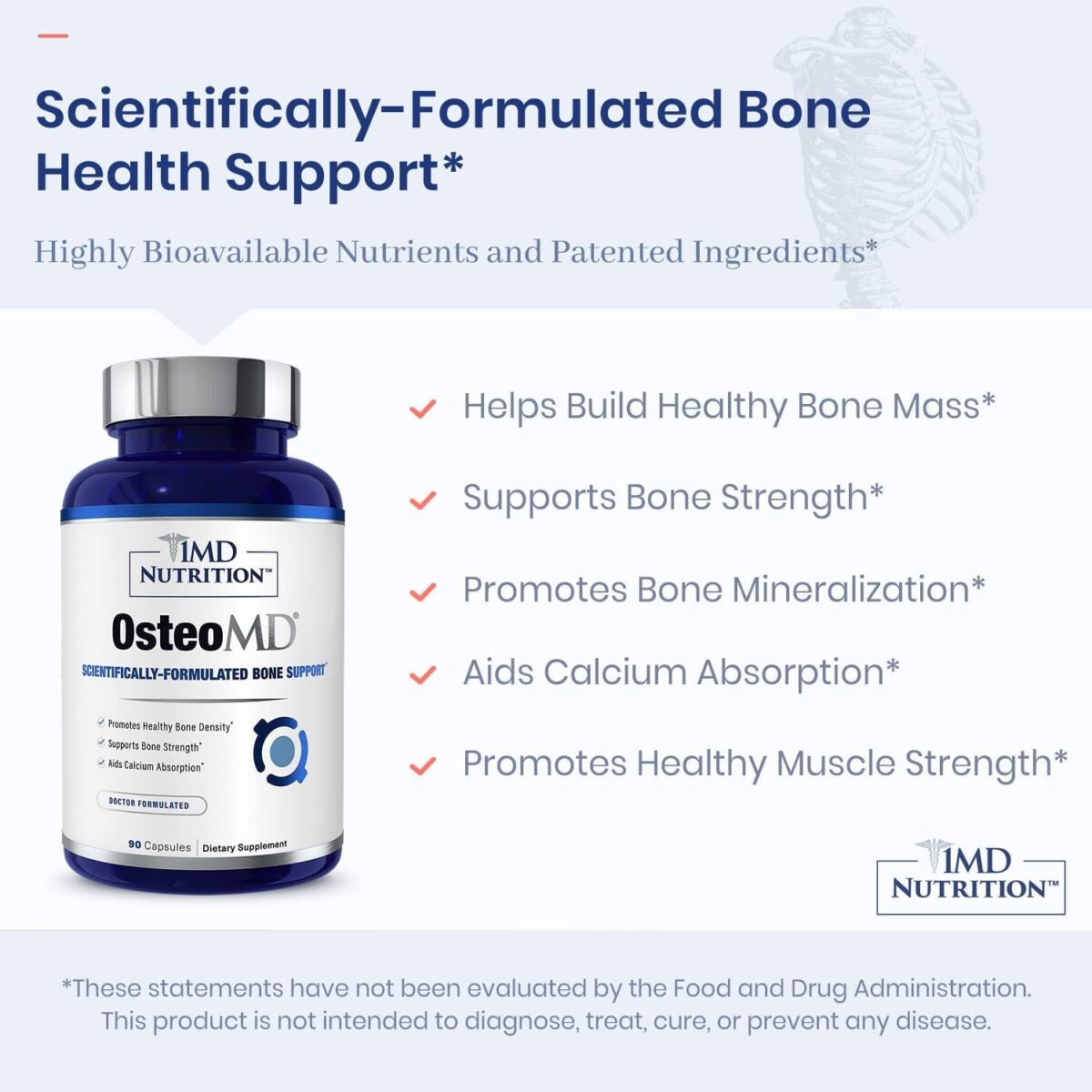 1MD Nutrition Osteomd for Comprehensive Bone Support - Calcium Supplement for Women and Men - Promote Bone Density W/Calcium with Vitamin D - Calcium Hydroxyapatite W/Vitamin D3 & K2-90 Capsules