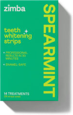 "Zimba Spearmint Fresh Teeth Whitening Strips - Vegan & Enamel Safe! Quick Results for Coffee, Wine, Tobacco, and More! 14-Day Treatment - Experience the Refreshing Power of Spearmint!"