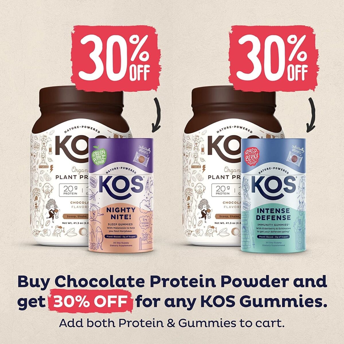 KOS Vegan Protein Powder, Chocolate - Low Carb Pea Protein Blend - Plant Based Protein Powder - USDA Organic, Keto, Gluten, Soy & Dairy Free - Meal Replacement for Women & Men - 30 Servings