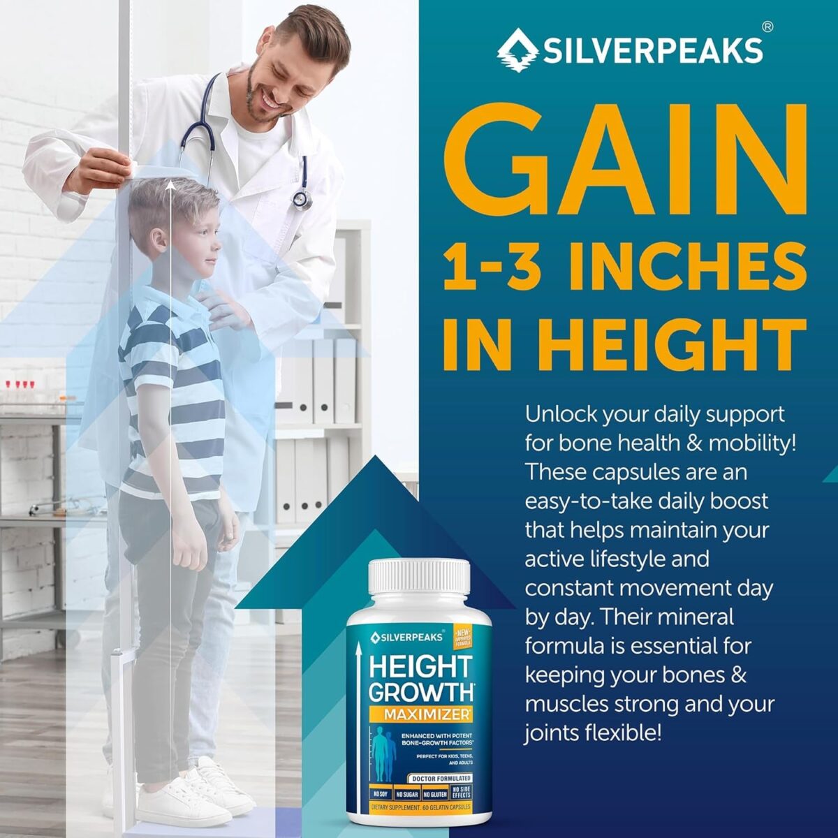 Growth Capsules to Grow Taller - Height Growth Maximizer with Calcium for Bone Strength - Made in USA - Natural Get Taller Supplement to Increase Bone Growth - Free of Growth Hormone