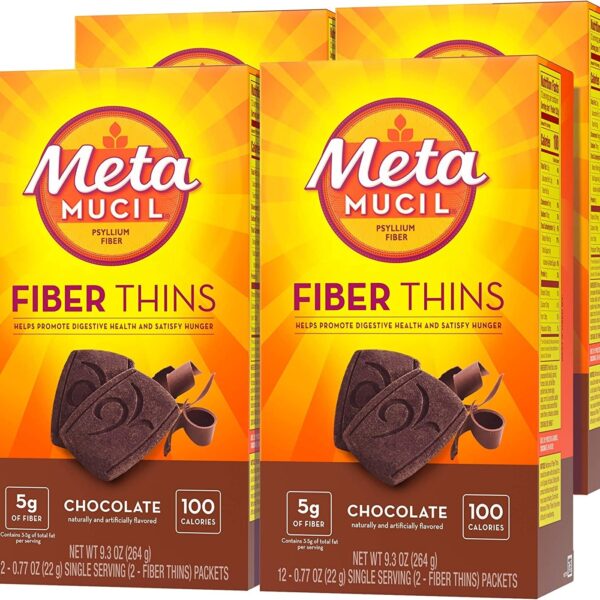 Metamucil, Fiber Thins, Daily Psyllium Husk Fiber Supplement, Supports Digestive Health and Satisfies Hunger, Chocolate Flavor, 12 Servings (Pack of 4)