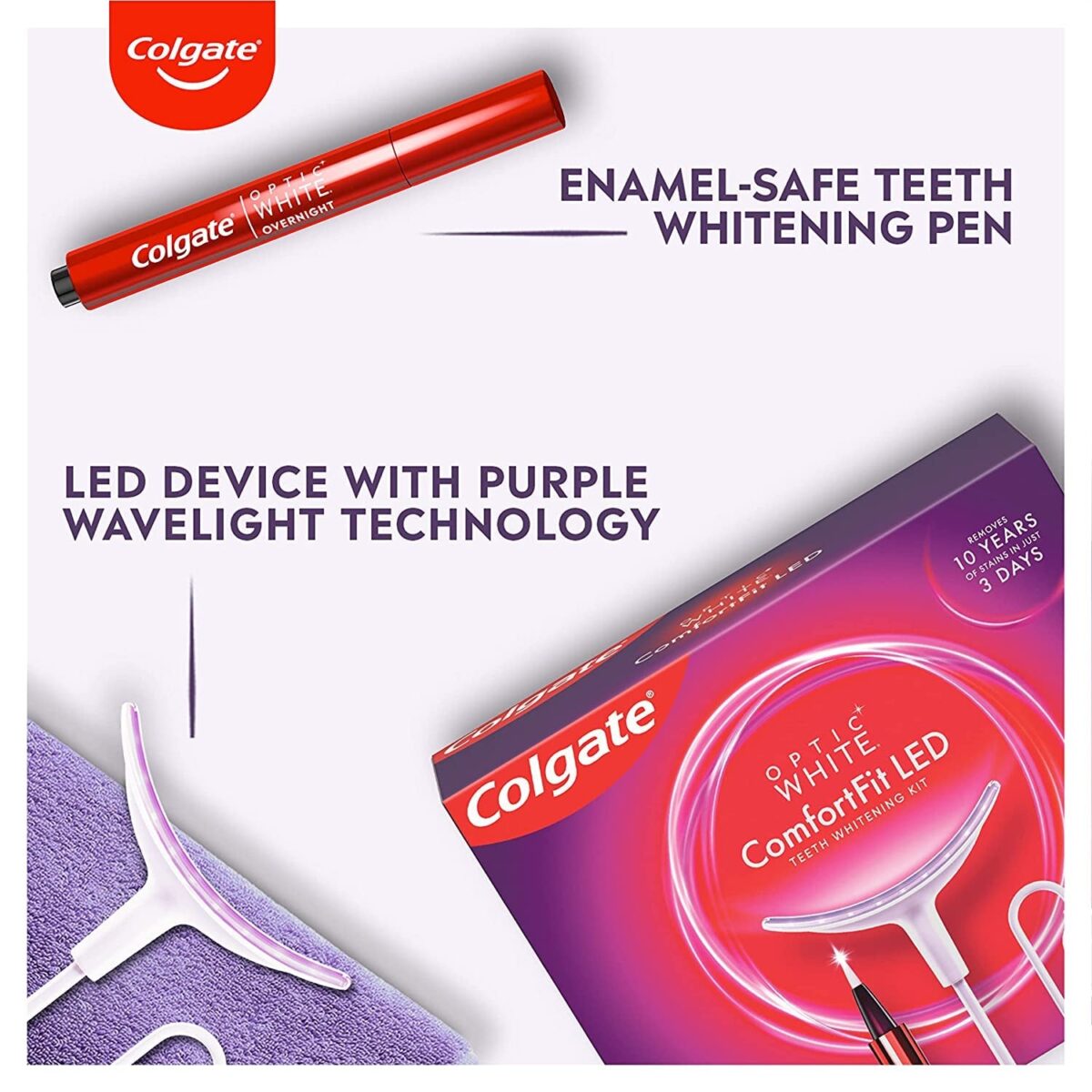 "Get a Brighter Smile with Colgate Optic White Comfortfit Teeth Whitening Kit - Includes LED Light, Whitening Pen, and Smartphone Compatibility!"