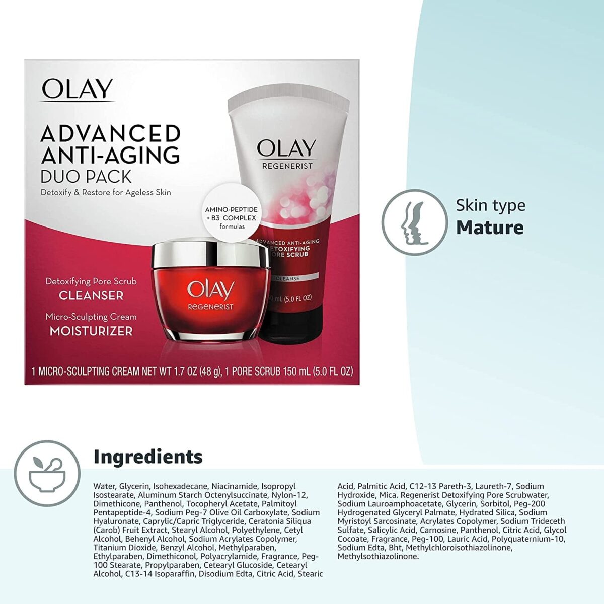 Face Wash by Olay Regenerist Advanced Anti-Aging Pore Scrub Cleanser (5.0 Oz) and Micro-Sculpting Face Moisturizer Cream (1.7 Oz) Skin Care Duo Pack, Total 6.7 Ounces Packaging May Vary