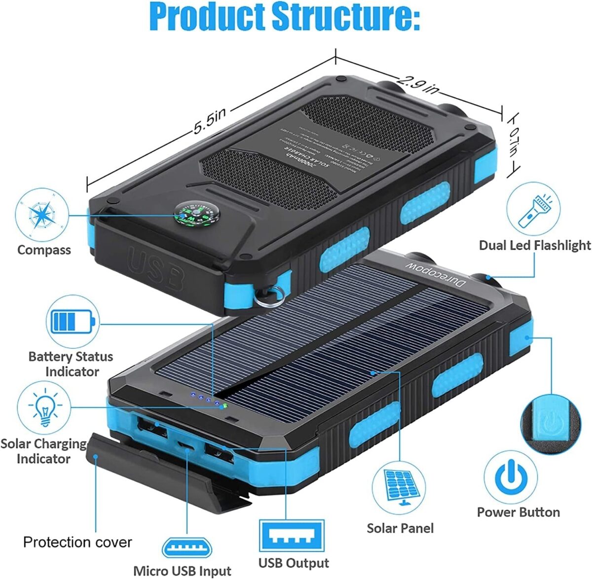 "Ultimate Outdoor Power Solution: Durecopow Solar Charger - 20000mAh Waterproof Power Bank with Dual USB Ports, LED Flashlight, and Compass - Never Run Out of Power on Your Adventures! (Blue)"