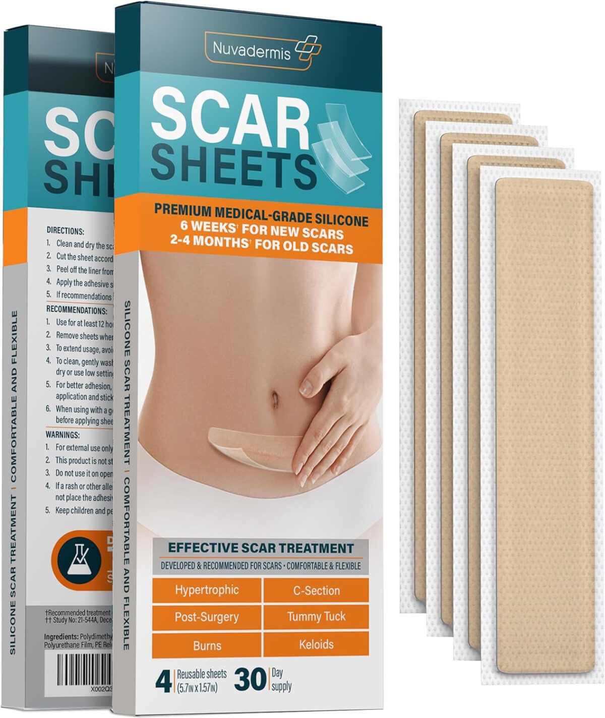 Silicone Scar Sheets - Extra Long Scar Sheets for C-Section, Tummy Tuck, Keloid, and Surgical Scars - Reusable Medical Grade Silicone Scar Sheets - Pack of 4 - Light Tone