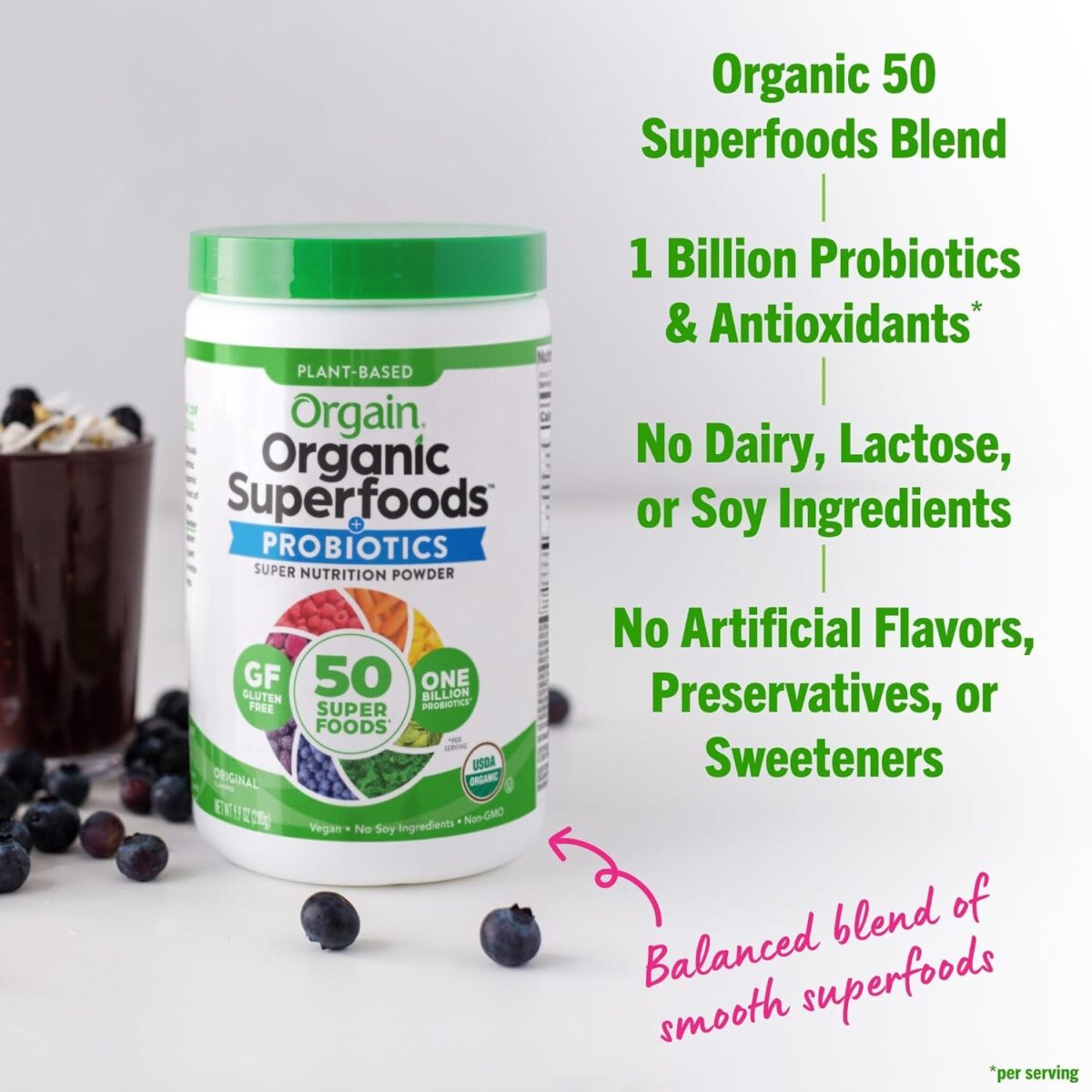 Organic Greens Powder + 50 Superfoods, Original - 1 Billion Probiotics for Digestive Health, Antioxidants, Vegan, Plant-Based, Gluten-Free, Non-Gmo, Green Juice & Smoothie Drink Mix - 0.62Lb