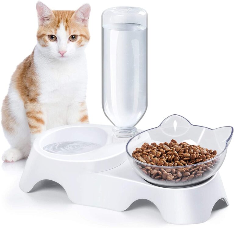 MILIFUN Double Dog Cat Bowls Pets Water and Food Bowl Set with Automatic Waterer Bottle for Small or Medium Size Dogs Cats (White)