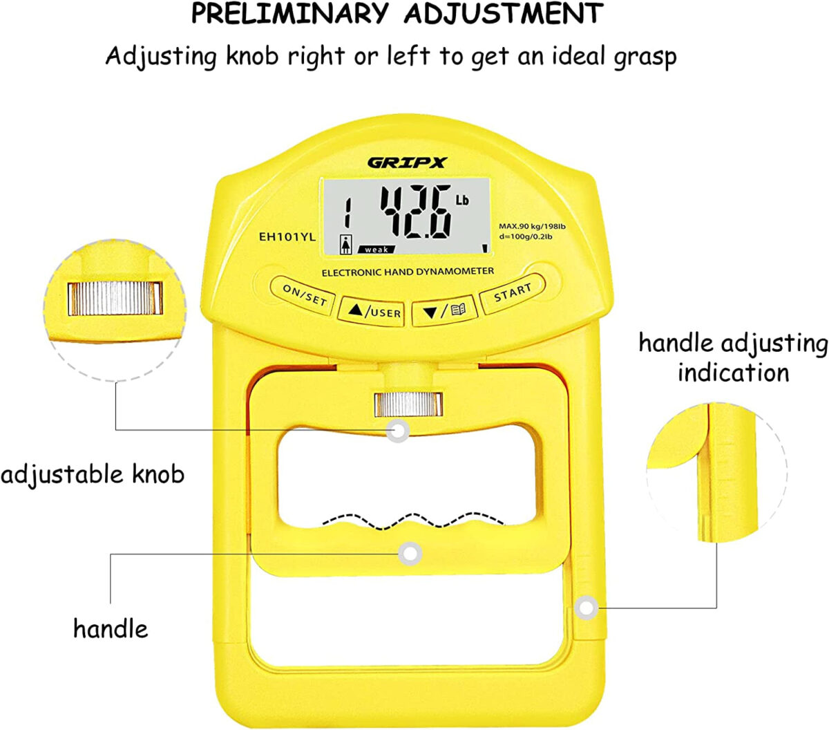 GRIPX Digital Hand Dynamometer Grip Strength Measurement Meter Auto Capturing Electronic Hand Grip Power 198Lbs / 90Kgs