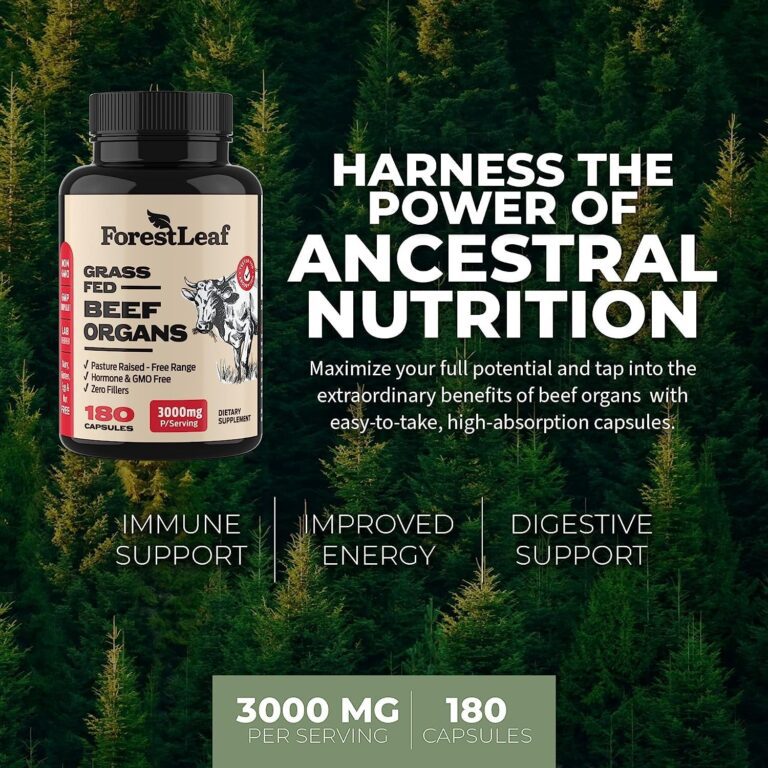 "Boost your wellness and performance with Forestleaf Grass Fed & Pasture Raised Beef Organ Supplement! This advanced organ complex contains 3000Mg of Desiccated Beef Liver, Heart, Kidney, Pancreas, and Spleen. Feel the difference with 180 capsules!"