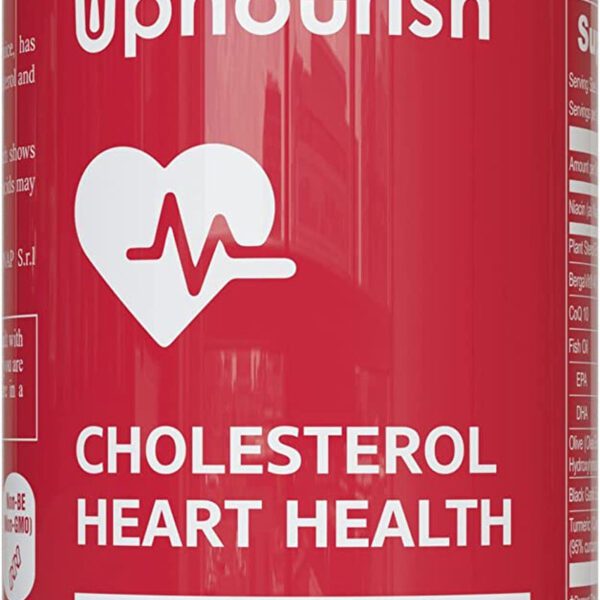 "Boost Your Heart Health with Upnourish Cholesterol Supplement - Packed with Powerful Ingredients like Citrus Bergamot, Plant Sterols, Coenzyme Q10, Omega 3, Turmeric, Black Garlic, and Olive Leaf Extract - Take Charge of Your Cholesterol Levels Today!"