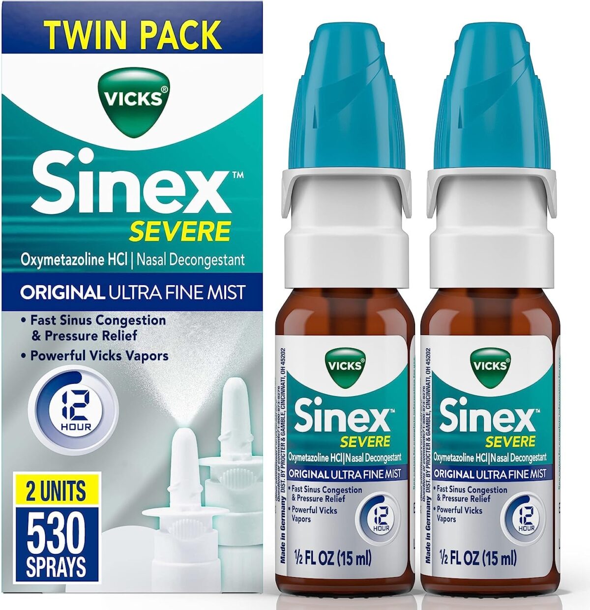 Sinex SEVERE Nasal Spray, Original Ultra Fine Mist, Decongestant Medicine, Relief from Stuffy Nose Due to Cold or Allergy, & Nasal Congestion, Sinus Pressure Relief, 265 Sprays X 2